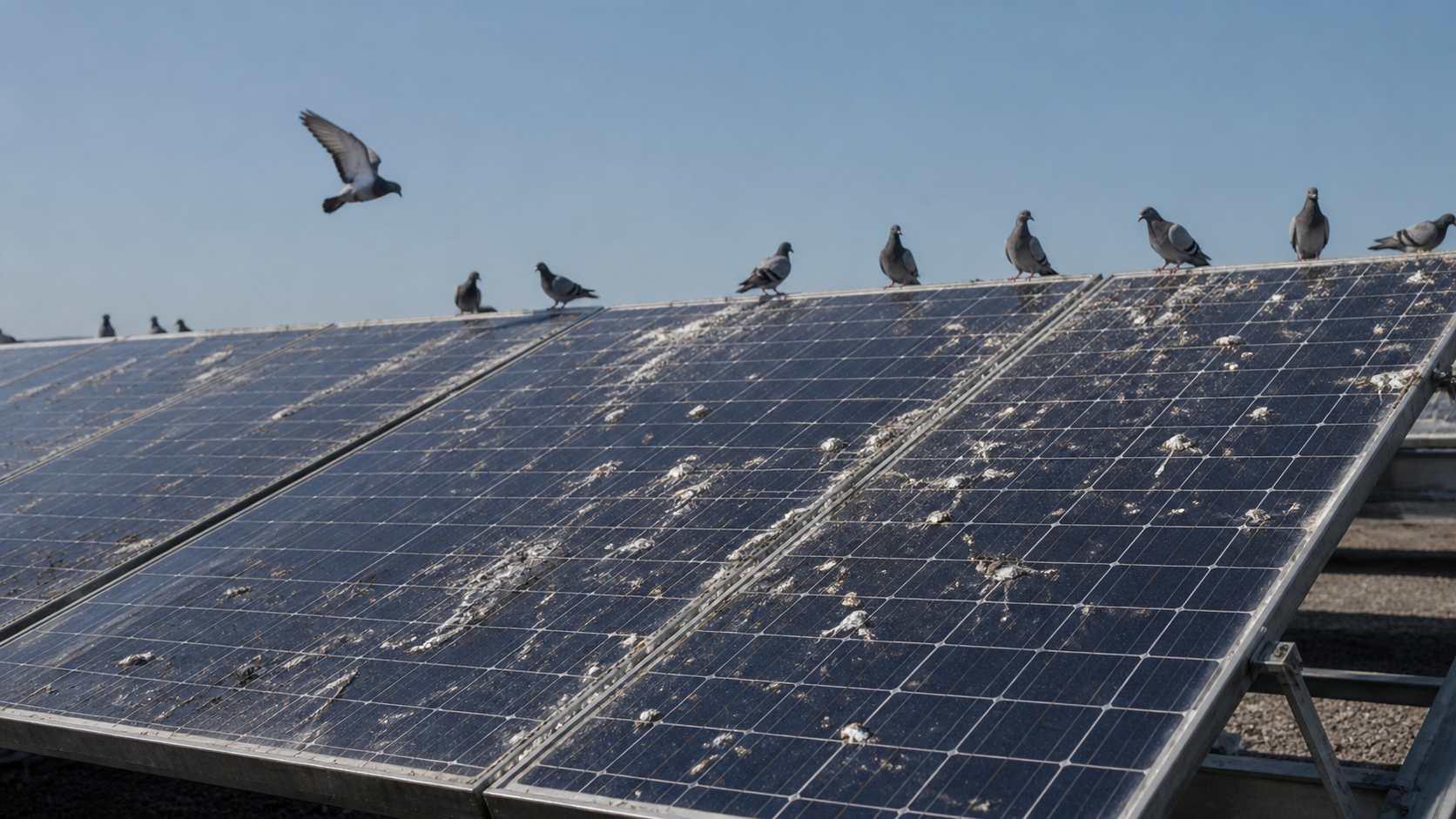 Solar panel heavily dirtied by birds